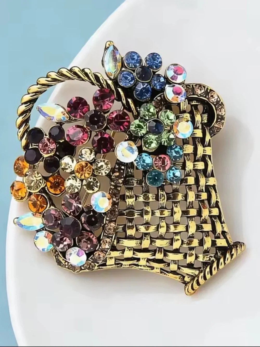 Vintage Gold Floral Basket Brooch Multicolor Crystal Luxury Statement Pin